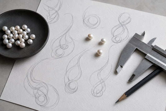 Pearl jewelry design studies on a studio worktable