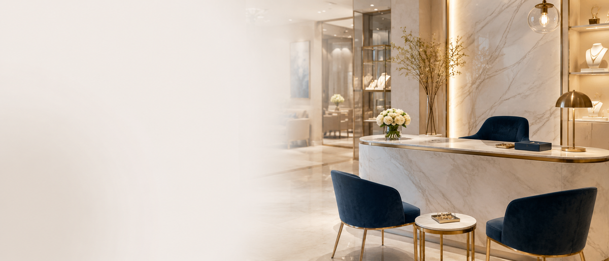 Elegant Perlavelle pearl jewelry reception area with a white marble counter, warm lighting, blue velvet chairs, and jewelry display shelves, creating a refined and professional atmosphere for the Contact Us page banner.