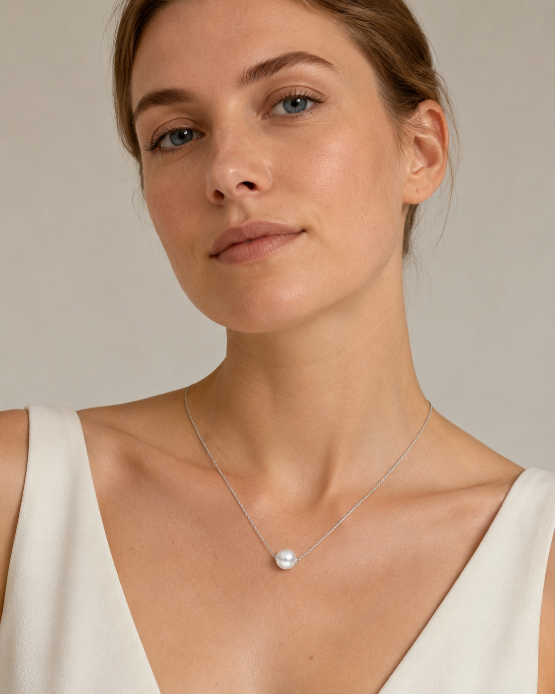 Model wearing a silver freshwater pearl bead necklace with an ivory sleeveless top