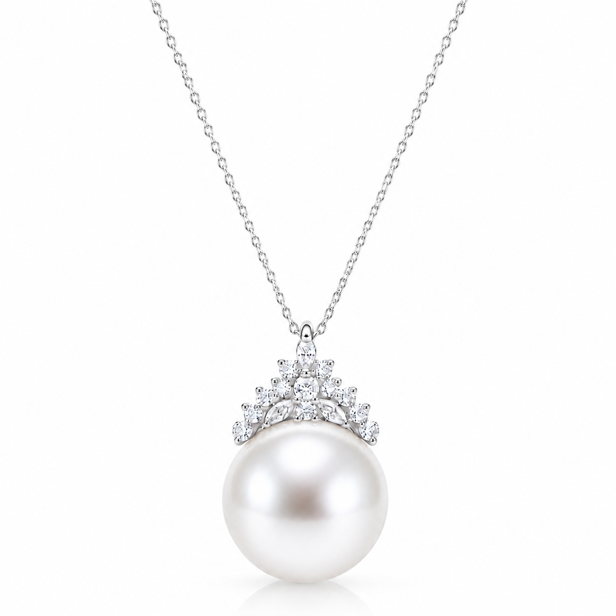 Freshwater pearl crown pendant necklace on a white background