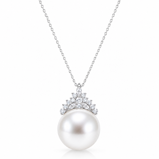 Freshwater pearl crown pendant necklace on a white background