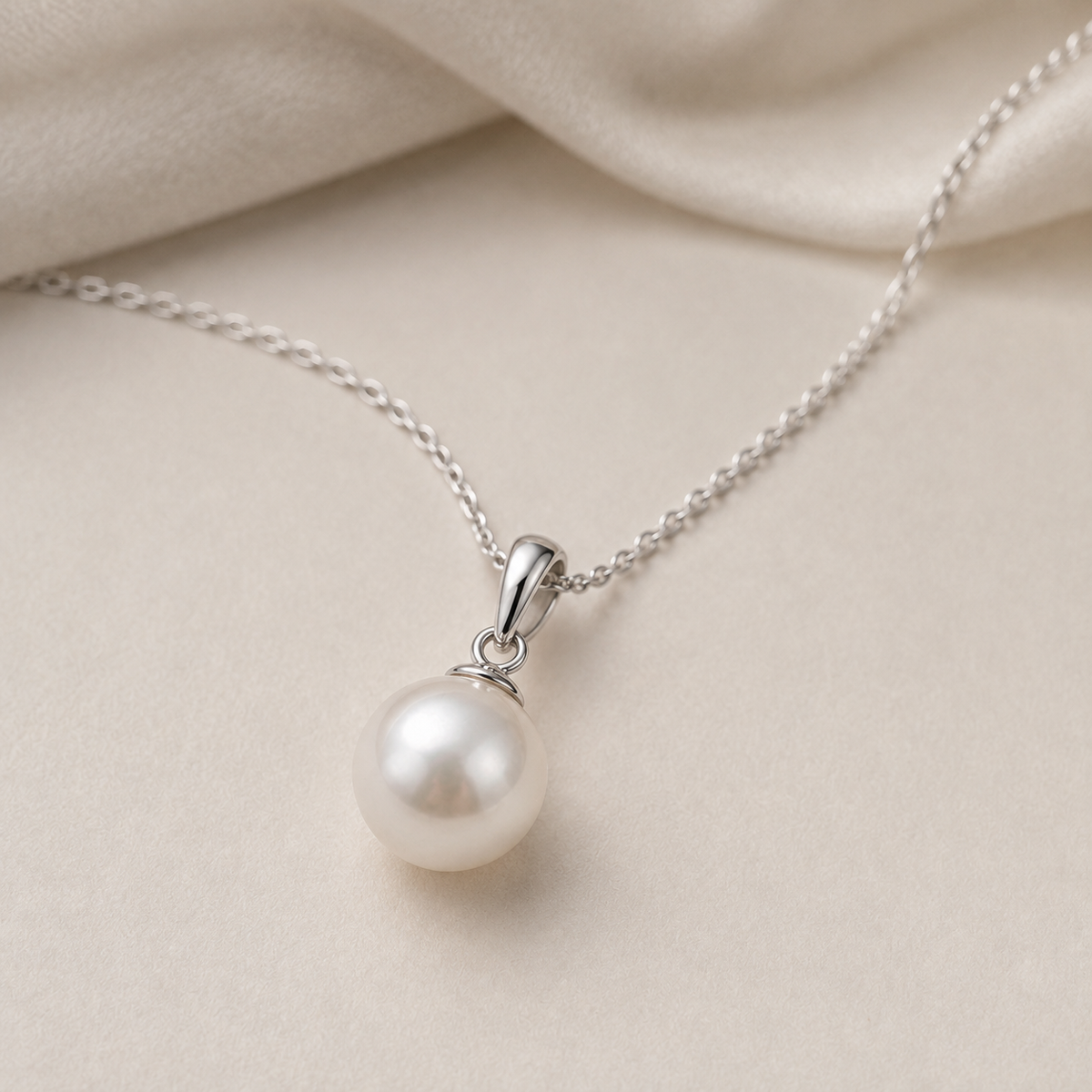Close-up of a white freshwater pearl, polished silver-tone bail and fine chain on an ivory surface.