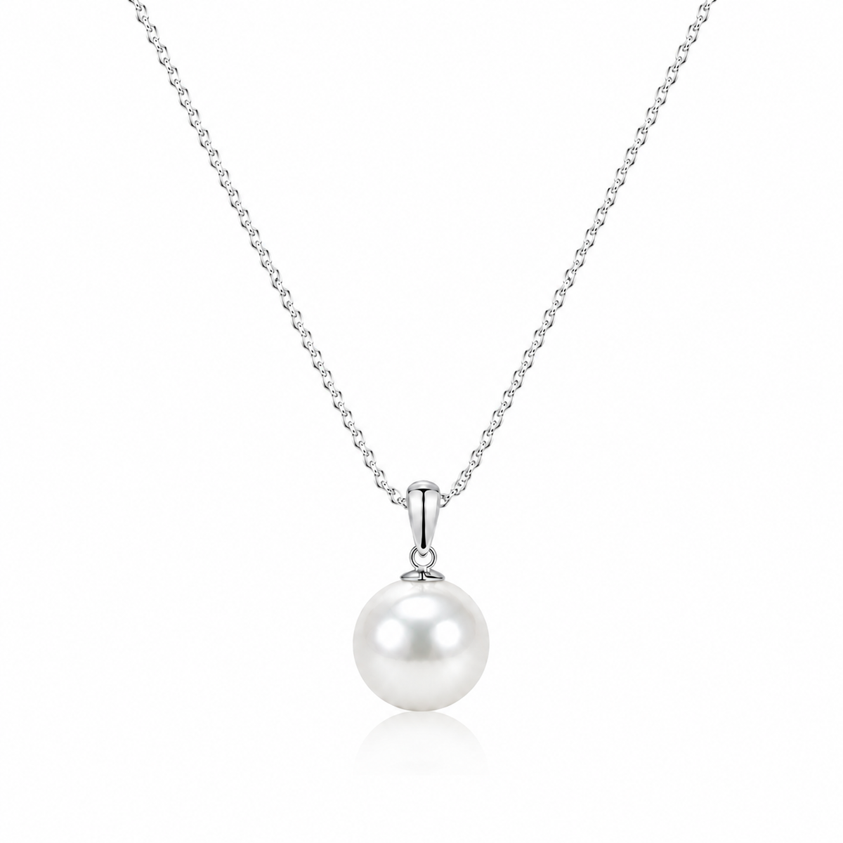 White freshwater pearl pendant necklace with a polished silver-tone bail and fine chain on a white background.