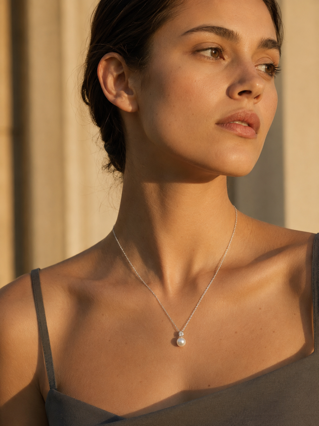 Model wearing a freshwater pearl solitaire necklace with a clear cubic zirconia and silver-tone chain.