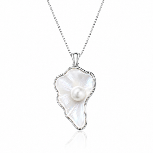 Mother-of-pearl pendant necklace on a white background
