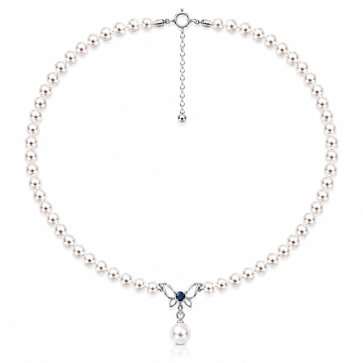 Freshwater pearl necklace with a sterling silver butterfly, blue cubic zirconia and pearl drop on a white background