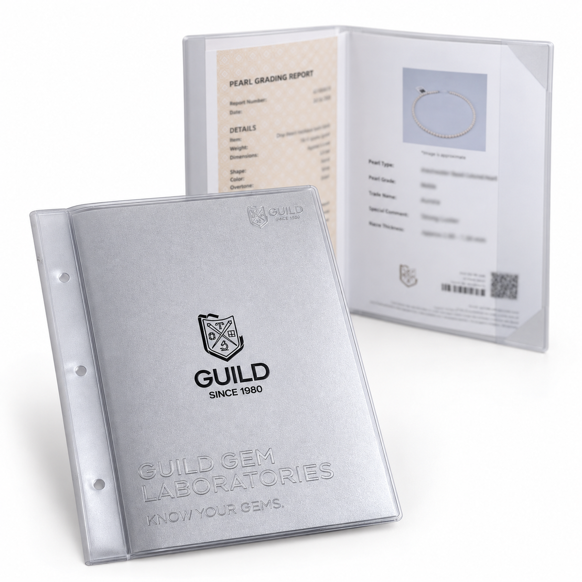 Sample GUILD pearl grading report and silver certificate folder on a white background; report details vary by item