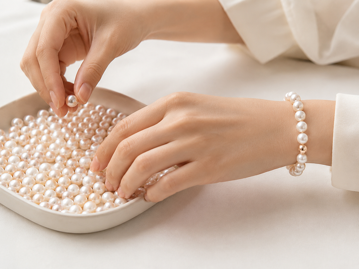 Hands carefully selecting luminous pearls in a soft jewelry design studio, reflecting PERLAVELLE’s pearl craftsmanship and thoughtful design process.