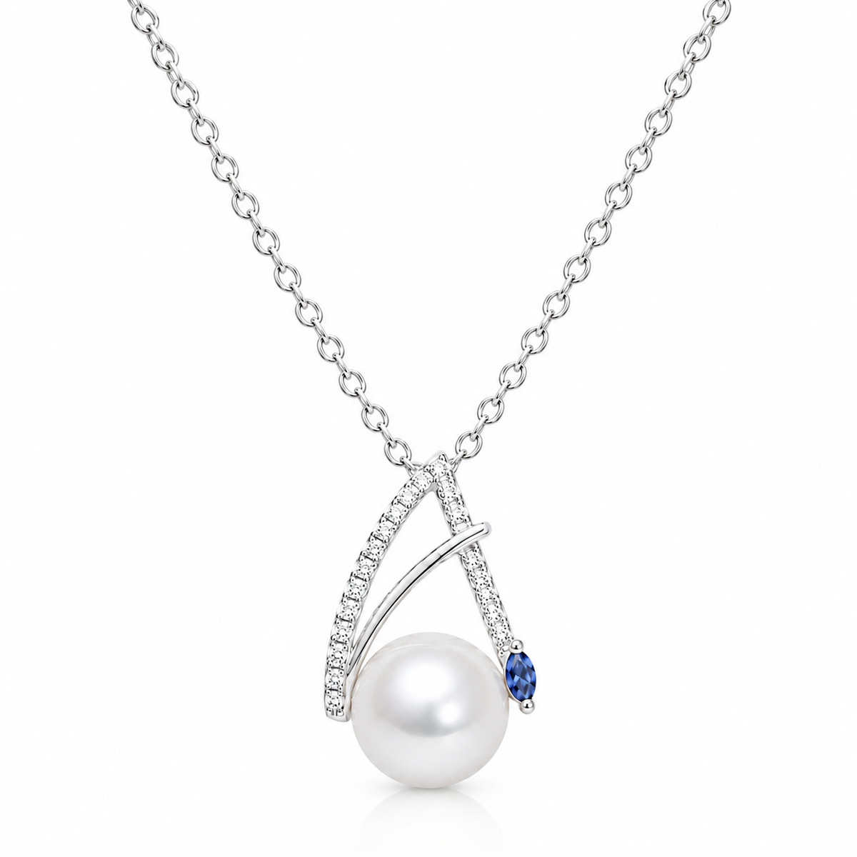 Sea Wish freshwater pearl pendant necklace in sterling silver with overlapping curves and cubic zirconia accents on a white background.