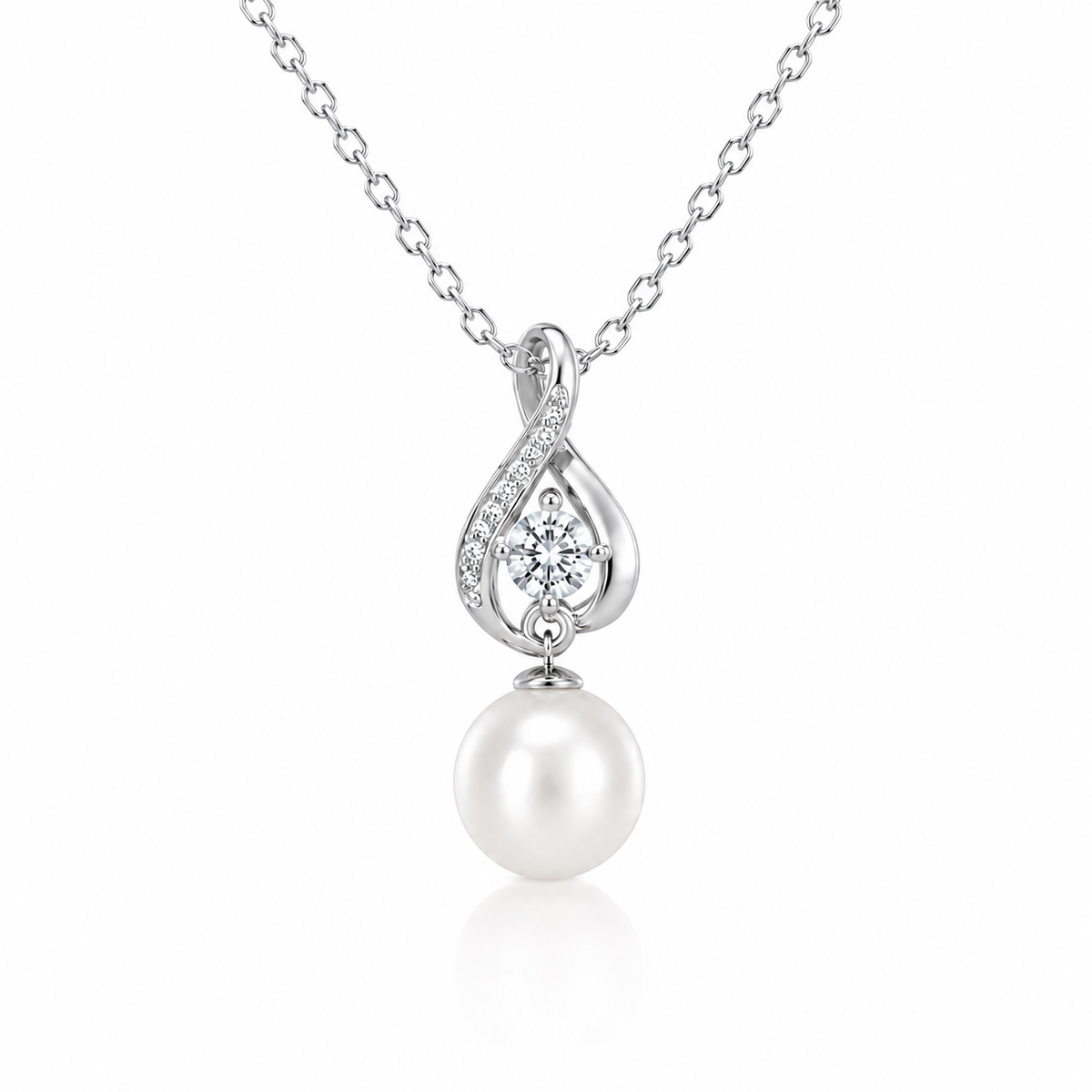 Starlit Drop freshwater pearl pendant necklace with intertwined sterling silver curves and cubic zirconia accents on a white background.