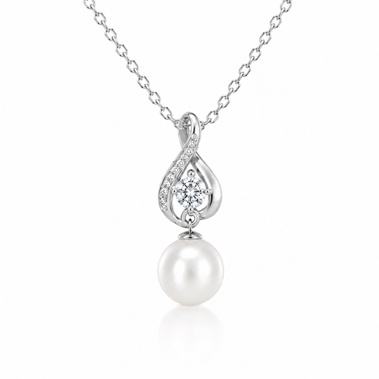Starlit Drop freshwater pearl pendant necklace with intertwined sterling silver curves and cubic zirconia accents on a white background.