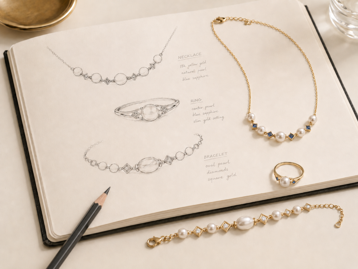 PERLAVELLE jewelry design sketchbook showing pearl necklace, ring, and bracelet concepts alongside finished pearl and gold jewelry pieces.
