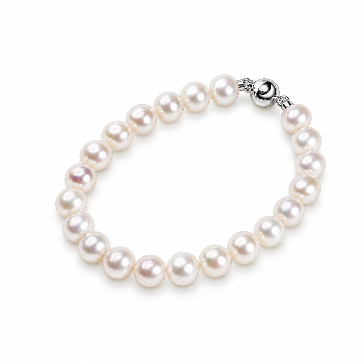 PERLAVELLE PL3 round freshwater pearl bracelet with S925 silver yuanbao clasp, diagonal view on a white background